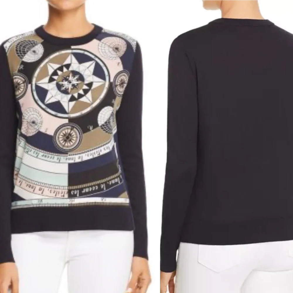 Tory Burch Silk Front Merino Wool‎ Compass Print Sweater Women’s Size M